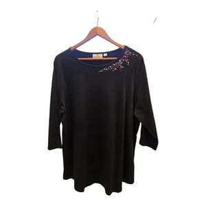 Quacker Factory Black Top with Colorful Embellishments 3/4 Sleeve NWT